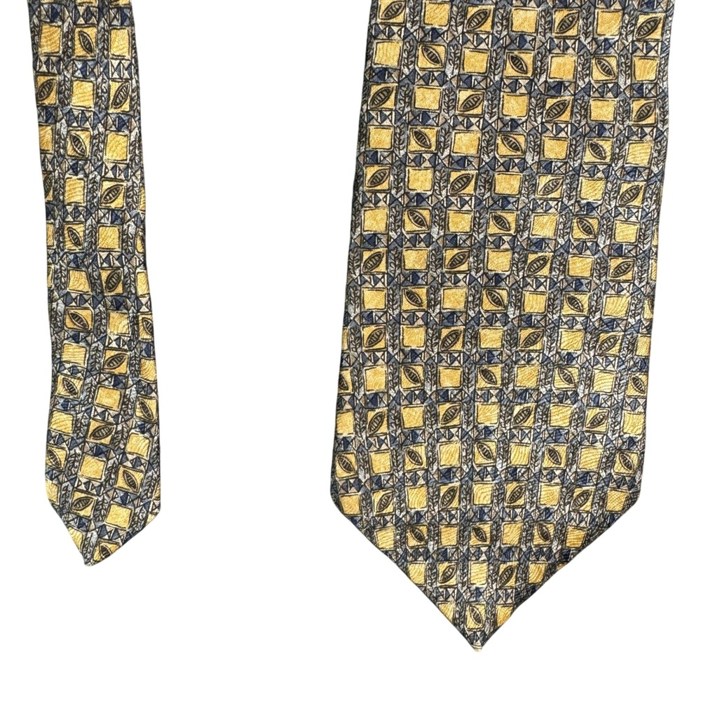 Geoffrey Beene Mens Silk Necktie Yellow Blue Grey Geometric Made in USA 57x3.75